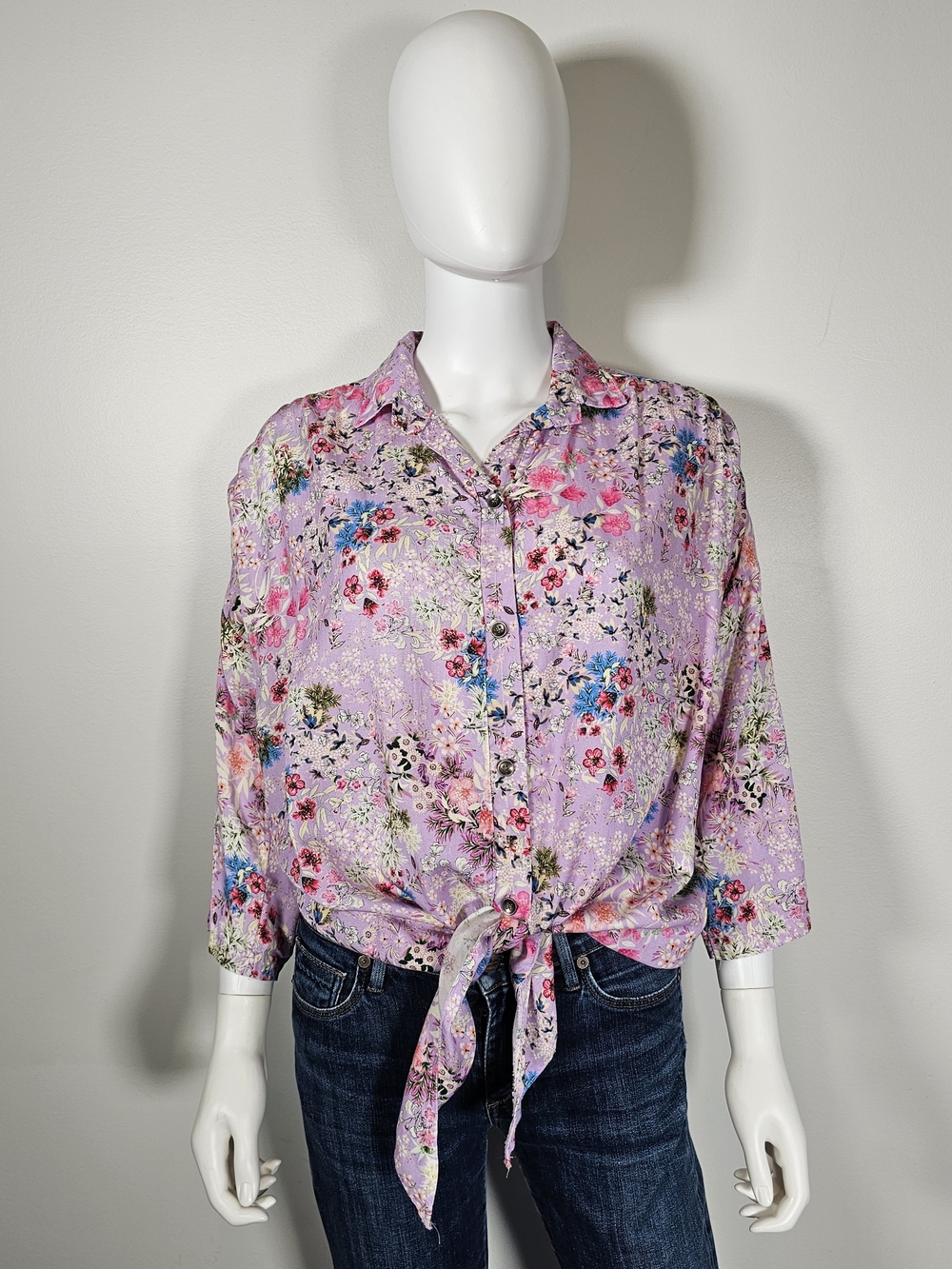 Astrid Pastel Pink Purple Floral Tie Front Button Up Blouse Sz M